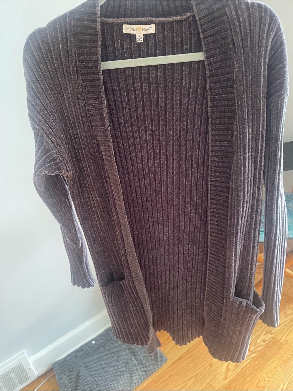 Woven Heart Ribbed Open-Front Cardigan in Charcoal Gray